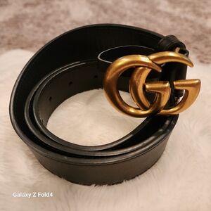 GUCCI DOUBLE GG MARMONT LEATHER BELT WITH SHINY BUCKLE